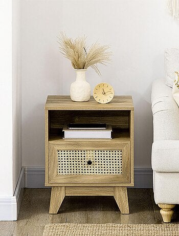 Chevet style bohème - tiroir, niche - aspect bois manguier rotin