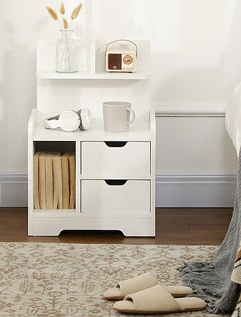 Chevet table de nuit 2 tiroirs niche étagère plateau blanc