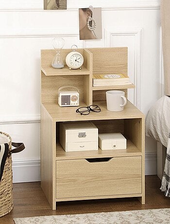 Chevet table de nuit multi-rangement aspect bois de chêne clair
