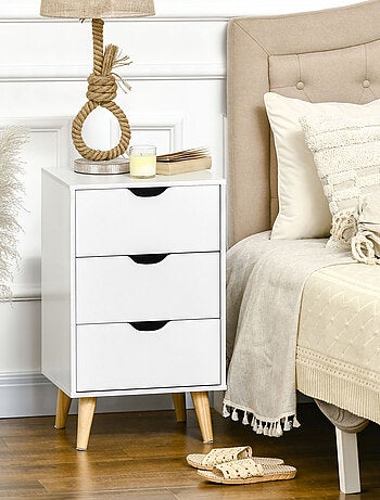 Chiffonnier 3 tiroirs design scandinave piètement bois pin panneaux blanc
