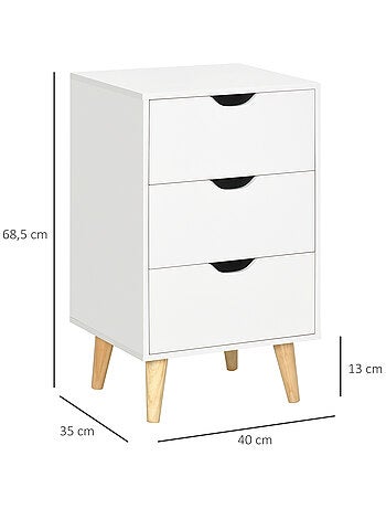 Chiffonnier 3 tiroirs design scandinave piètement bois pin panneaux blanc