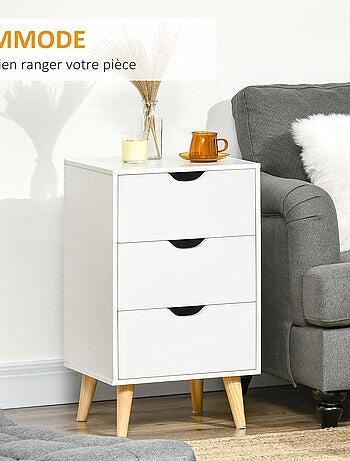 Chiffonnier 3 tiroirs design scandinave piètement bois pin panneaux blanc