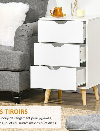 Chiffonnier 3 tiroirs design scandinave piètement bois pin panneaux blanc
