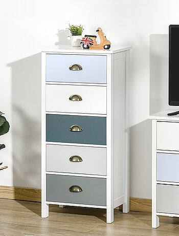 Chiffonnier 5 tiroirs design néo-rétro blanc bleu gris