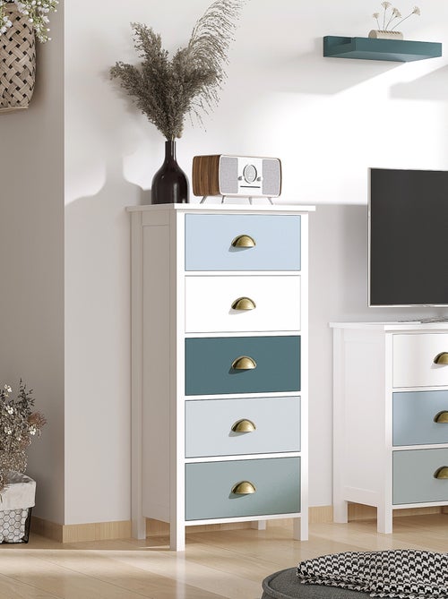 Chiffonnier 5 tiroirs design néo-rétro blanc bleu gris - Kiabi