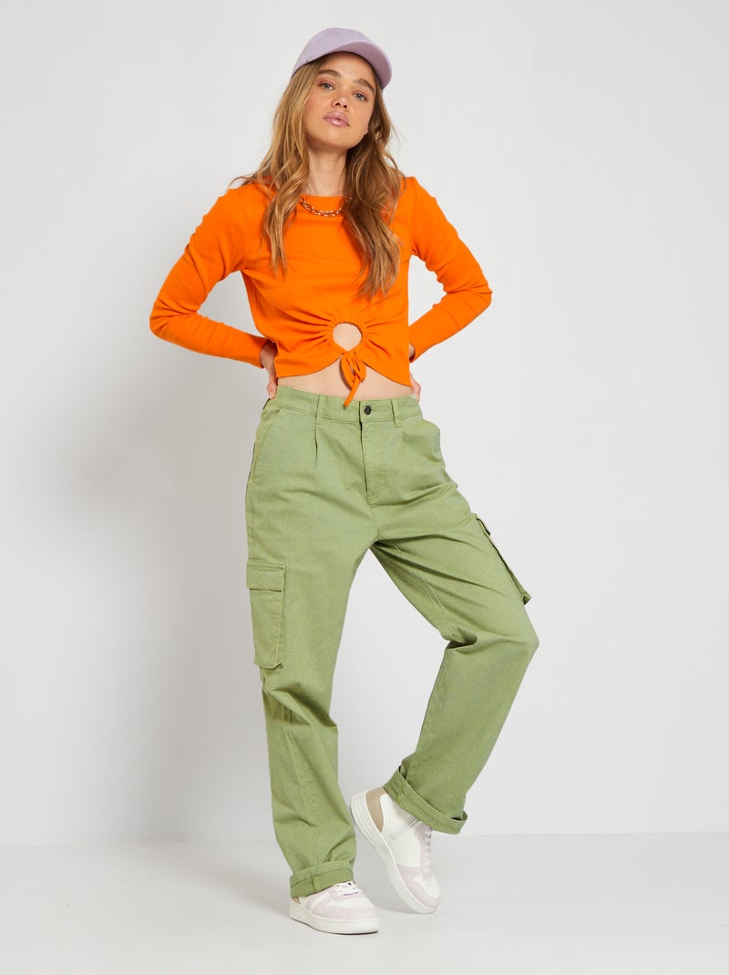 Chino barrel avec poches à rabats kaki clair - Kiabi