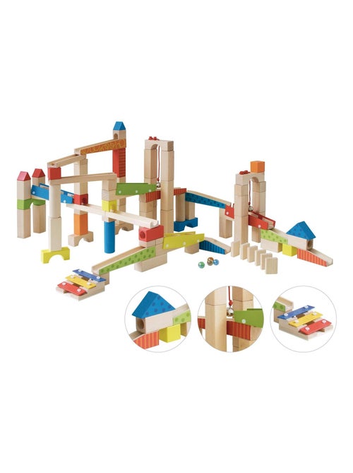 Circuit à billes pour enfant - 80 blocs de construction en bois + 20 billes 'Roba' - Kiabi