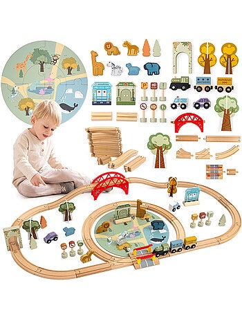 Circuit train bois enfant 106x55cm zoo safari puzzle rails figurine mamabrum