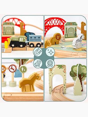 Circuit train bois enfant 106x55cm zoo safari puzzle rails figurine mamabrum