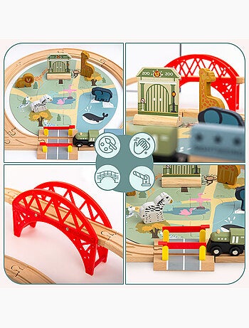 Circuit train bois enfant 106x55cm zoo safari puzzle rails figurine mamabrum