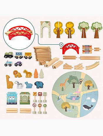 Circuit train bois enfant 106x55cm zoo safari puzzle rails figurine mamabrum