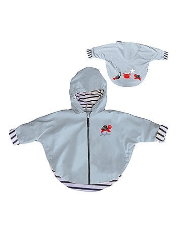 Ciré imperméable bébé avec Capuche 'Breizh Ocean', Poncho Intérieur rayé avec Broderie