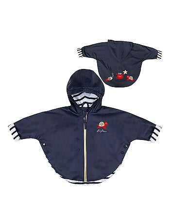 Ciré imperméable bébé avec Capuche 'Breizh Ocean', Poncho Intérieur rayé avec Broderie