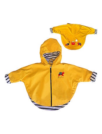 Ciré imperméable bébé avec Capuche 'Breizh Ocean', Poncho Intérieur rayé avec Broderie