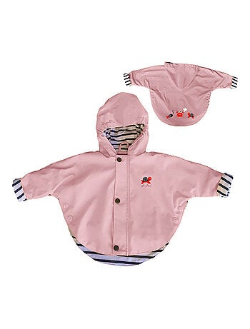Ciré imperméable bébé avec Capuche 'Breizh Ocean', Poncho Intérieur rayé avec Broderie