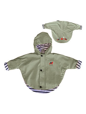 Ciré imperméable bébé avec Capuche 'Breizh Ocean', Poncho Intérieur rayé avec Broderie