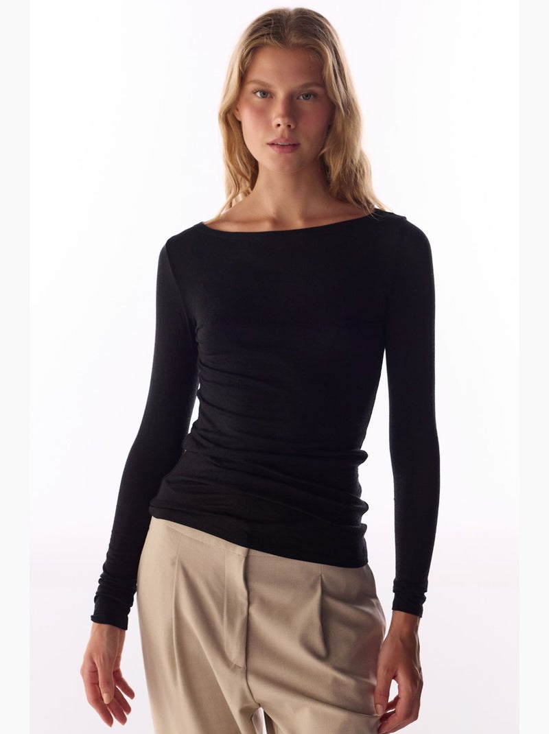 Clean blouse à col bateau et manches longues en cachemire penti Noir - Kiabi