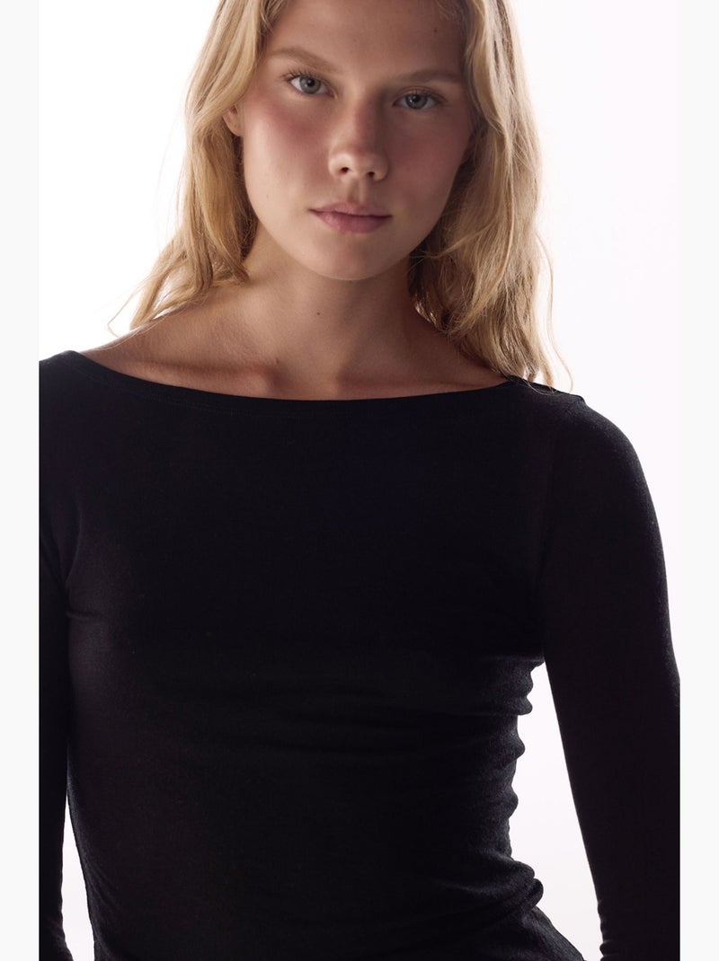 Clean blouse à col bateau et manches longues en cachemire penti Noir - Kiabi