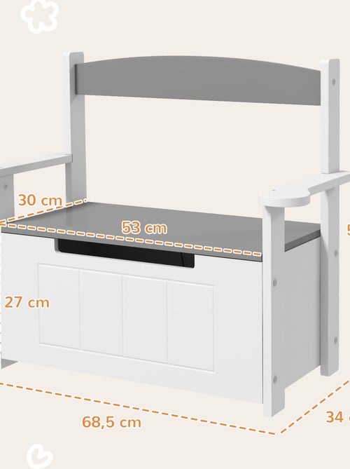 Coffre à jouets banc 2 en 1 - 68,5L x 34l x 58H cm MDF gris blanc - Kiabi