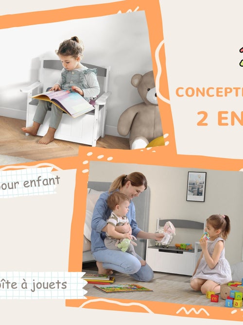 Coffre à jouets banc 2 en 1 - 68,5L x 34l x 58H cm MDF gris blanc - Kiabi
