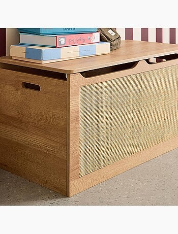 Coffre à jouets enfant décor bois et cannage bohème