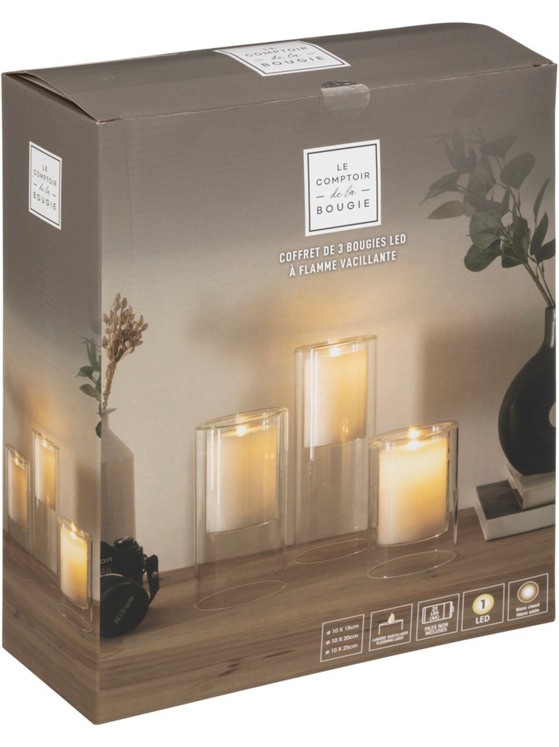 Coffret 3 bougies LED double paroi verre SENA Transparent - Kiabi
