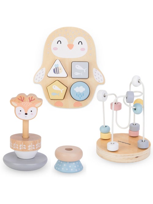 Coffret 3 jouets bois enfant boucle motrice pyramide cerf trieur pingouin mamabrum - Kiabi