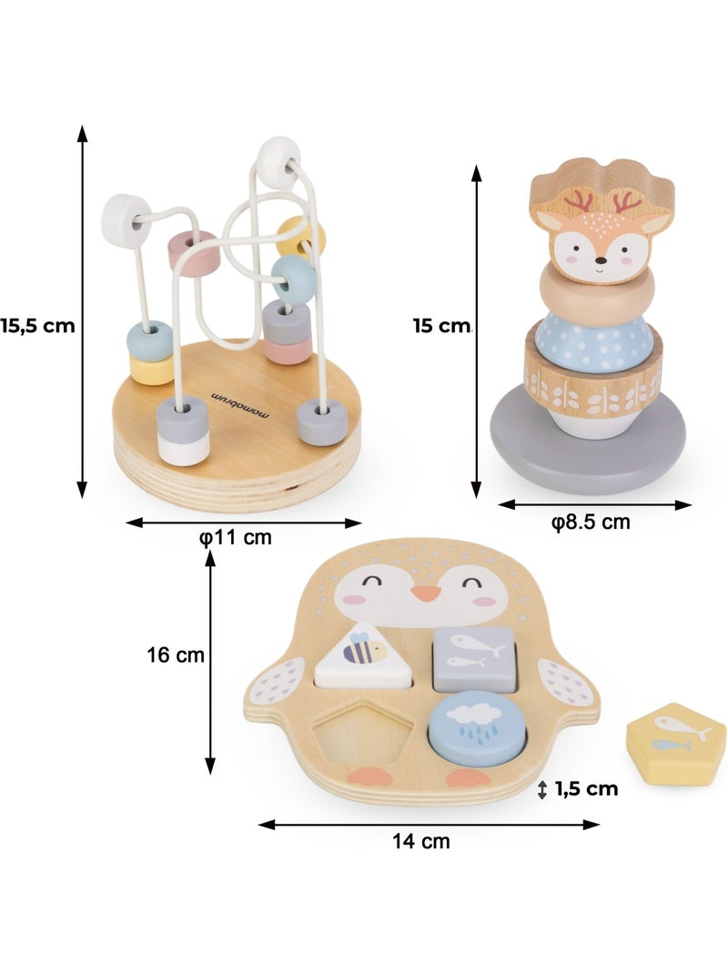 Coffret 3 jouets bois enfant boucle motrice pyramide cerf trieur pingouin mamabrum N/A - Kiabi