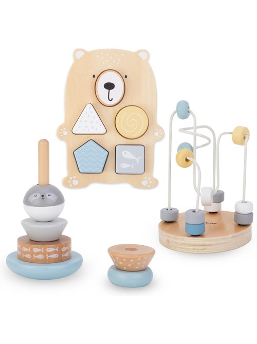 Coffret 3 jouets bois enfant boucle motrice pyramide trieur ourson mamabrum - Kiabi
