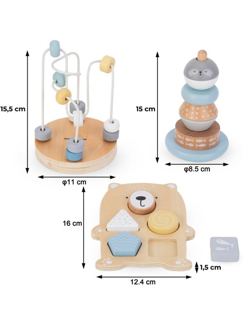 Coffret 3 jouets bois enfant boucle motrice pyramide trieur ourson mamabrum - Kiabi