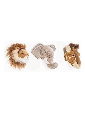 Coffret 3 Mini Peluches trophée Safari Lion, Elephant et Girafe