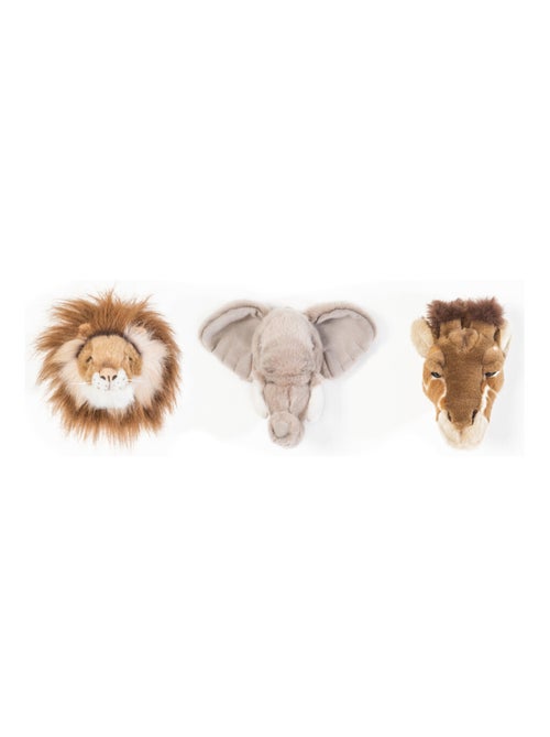 Coffret 3 Mini Peluches trophée Safari Lion, Elephant et Girafe - Kiabi
