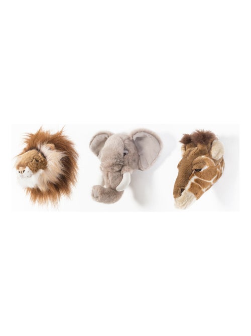 Coffret 3 Mini Peluches trophée Safari Lion, Elephant et Girafe - Kiabi