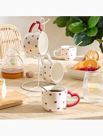 Coffret 4 mugs sur rack motif à coeurs VALENTINE