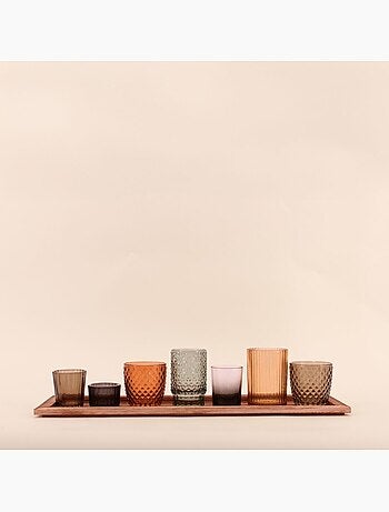 Coffret 7 photophores en verre sur tablette en bois