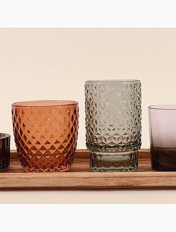 Coffret 7 photophores en verre sur tablette en bois