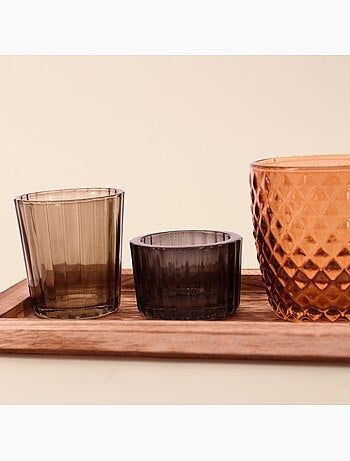 Coffret 7 photophores en verre sur tablette en bois