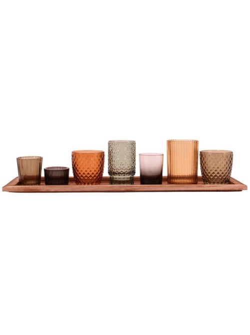 Coffret 7 photophores en verre sur tablette en bois - Kiabi