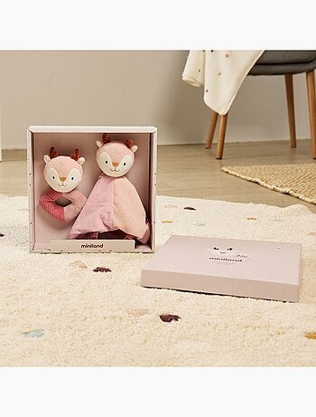 Coffret Cadeau Bébé Cerf Avec Doudou Et Hochet Miniland