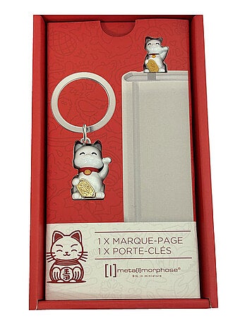 Coffret cadeau porte-clés et marque-pages chat porte bonheur