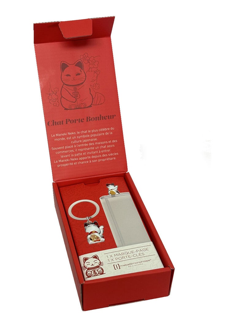 Coffret cadeau porte-clés et marque-pages chat porte bonheur Blanc - Kiabi