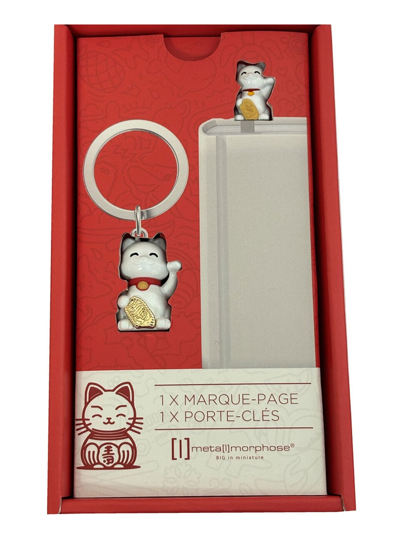 Coffret cadeau porte-clés et marque-pages chat porte bonheur Blanc - Kiabi