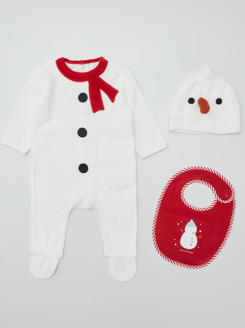 Coffret cadeau pyjama + bonnet + bavoir 'bonhomme de neige' Blanc - Kiabi