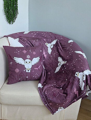 Coffret coussin et plaid Harry Potter Hedwige - 100% Polyester - Mauve