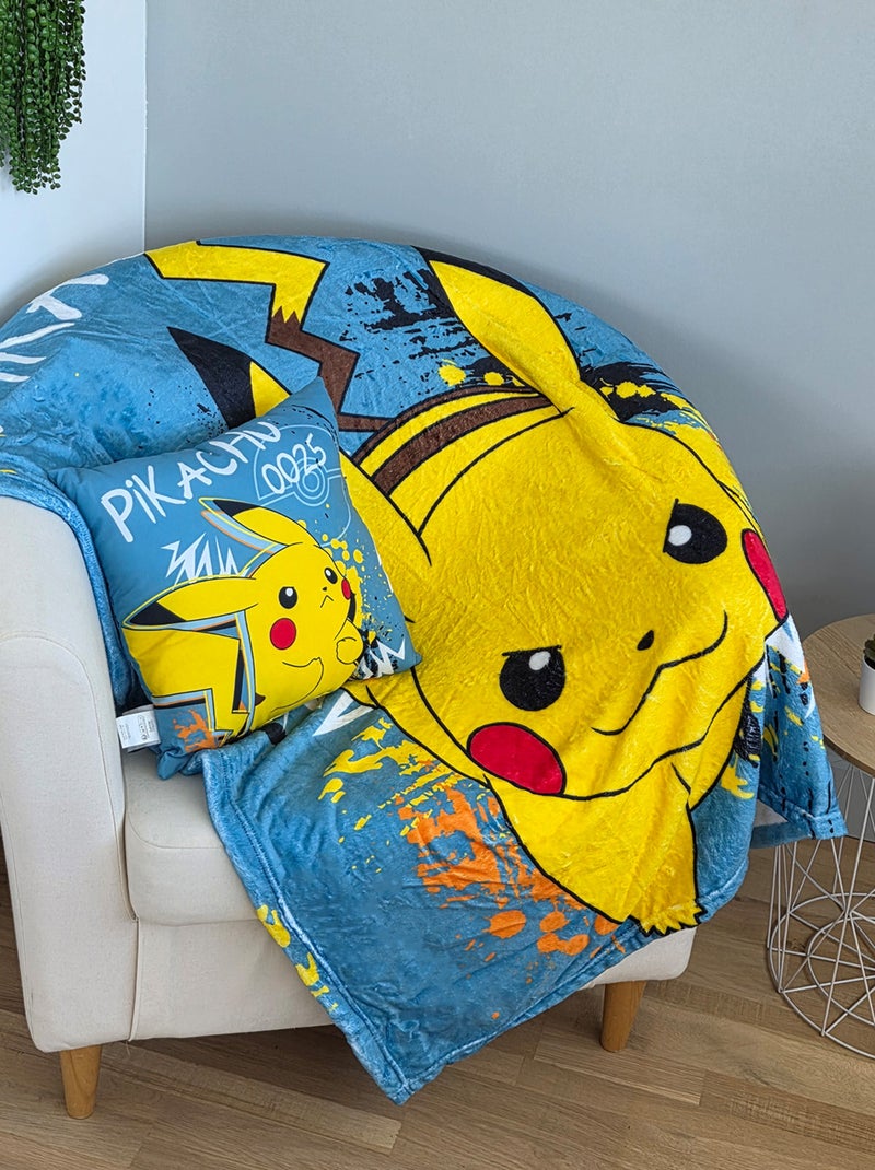 Coffret coussin et plaid Pikachu Pokémon - 100% Polyester - Bleu Bleu - Kiabi