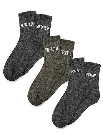 Coffret de 3 Paires de Chaussettes à Paillettes – Bringueuse, Pipelette, Insolente