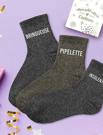 Coffret de 3 Paires de Chaussettes à Paillettes – Bringueuse, Pipelette, Insolente