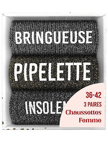 Coffret de 3 Paires de Chaussettes à Paillettes – Bringueuse, Pipelette, Insolente