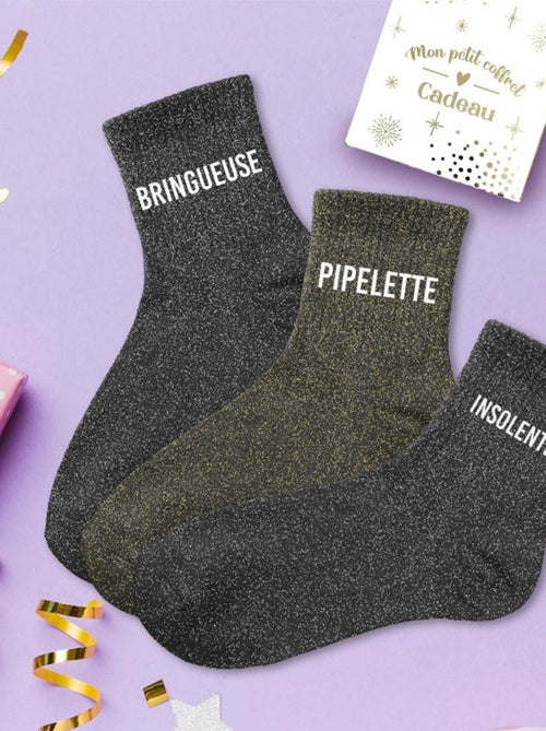 Coffret de 3 Paires de Chaussettes à Paillettes  Bringueuse, Pipelette, Insolente - Kiabi