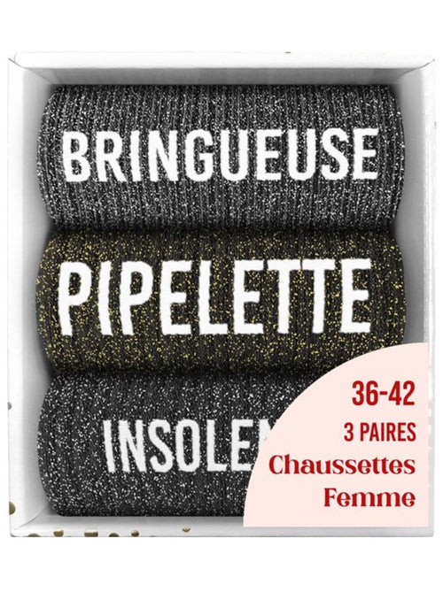 Coffret de 3 Paires de Chaussettes à Paillettes  Bringueuse, Pipelette, Insolente - Kiabi